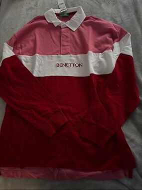United Colors Of Benetton Pink, White & Red Colorblock Button-Down Rugby Shirt